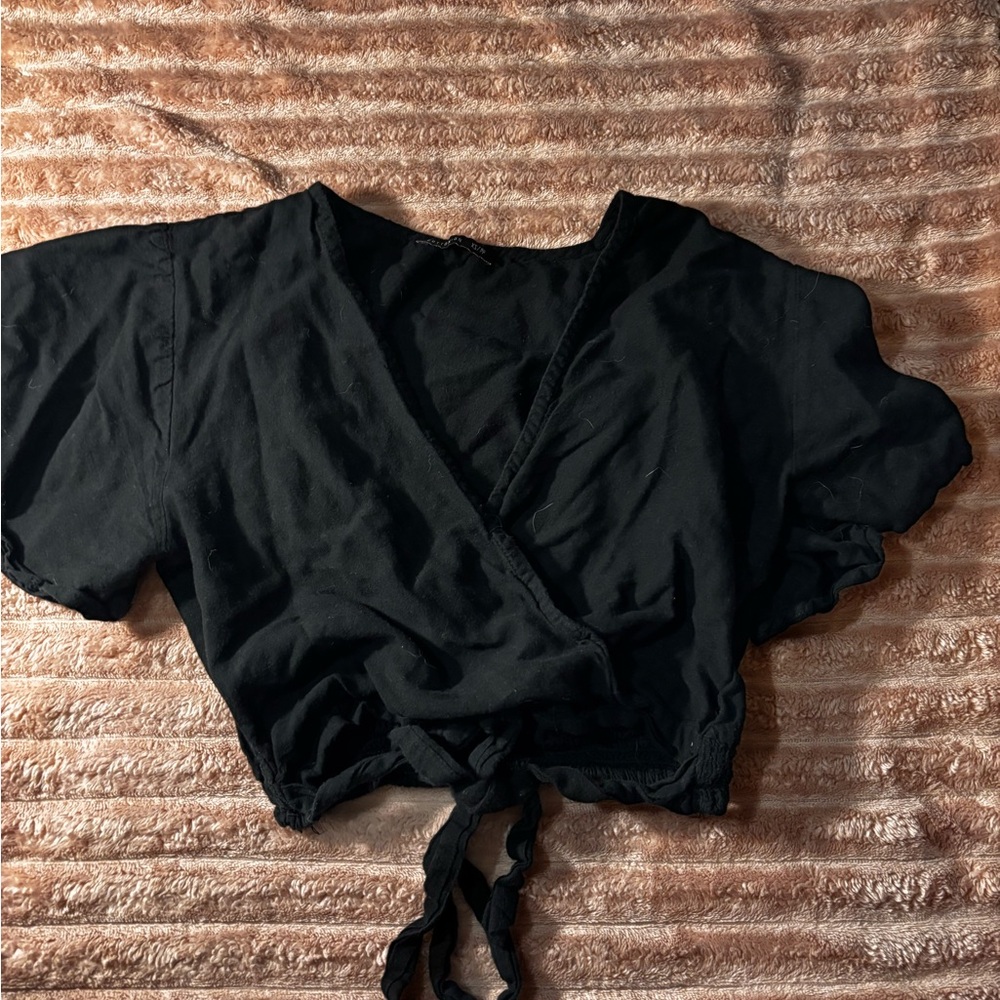 Cotton On Black Short Sleeve Wrap Crop Blouse